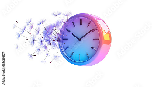 Clock with dissolving dandelion seeds on a black background in a colorful 3D rendering