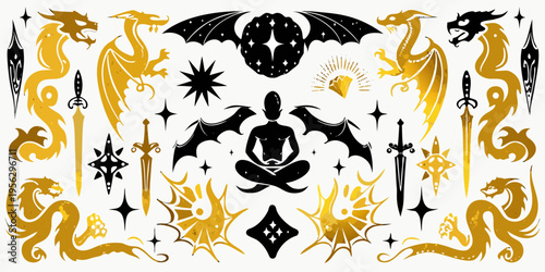 Golden dragons mystical symbols and weaponry in a decorative design