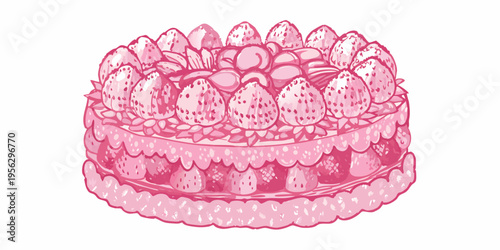 A charming pink sketch of a strawberry shortcake with delightful details
