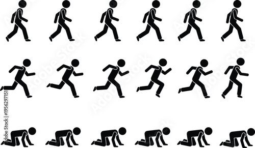 Black Stickman Figure Character Animation Sprite Sheet Set Featuring Walking Running and Crawling Motion Sequences for Game Design 2D Video Editing and Vector Illustration