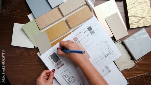 Interior designer working on interior layout with wood veneer samples for budget friendly home makeover in Dubai