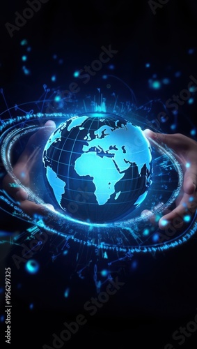 Hands holding a glowing blue globe with digital network connections around it