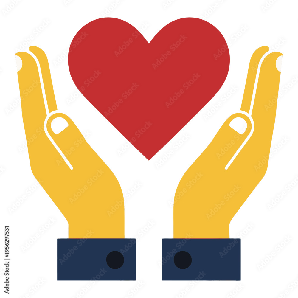 Obraz premium Two Yellow Hands Holding Red Heart Vector Icon