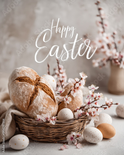 Rustic wicker basket with Easter bread and pastel eggs on wooden table