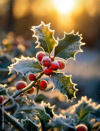 Frost covered holly in the late afternoon sunlight