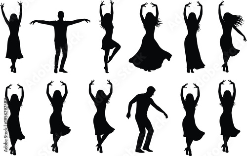 Set of black silhouettes of people dancing and posing in various expressive positions isolated on white background for creative design projects and celebratory concepts