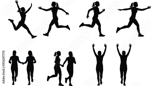 Set of black silhouettes representing active women running sprinting and celebrating victory isolated on white background for sports fitness marathon and health concepts