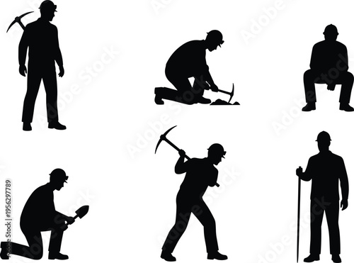 Set of coal miner silhouettes in various poses including digging with pickaxe, kneeling with shovel, standing with gear, and resting on white background