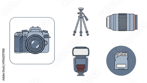 Photography Gear Icon Set, Minimal Vector Line Art, Digital Camera, Professional DSLR, Tripod Stand, Camera Lens, Flash Unit, Memory Card, Photo Studio