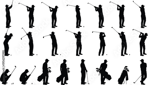 WebVector Silhouette Collection of Male and Female Golfers Featuring Professional Swing Sequences, Players Carrying Bags, Putting Stance, and Action Poses for Sports Design
