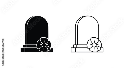 Tombstone with Poppy Flower Vector Icon Set