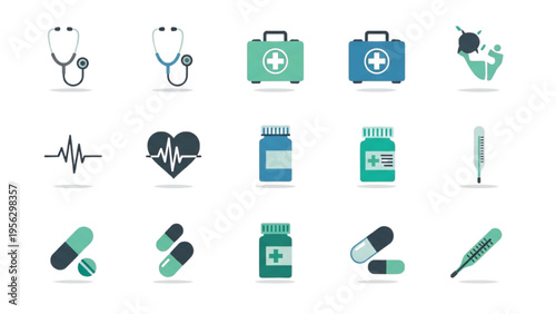 Medical & Healthcare Icon Set, Minimal Vector Line Art, Medical Stethoscope, First Aid Kit, Heart Rate Pulse, Pill Bottle, Thermometer, Health Symbols