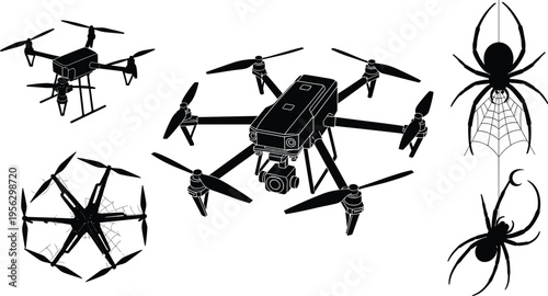 "Black silhouette illustration of multiple drones and spiders, highlighting aerial technology, surveillance, photography, mechanical design, and natural symmetry in modern 