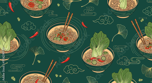 Seamless Pattern of Chinese Noodle Bowls with Bok Choy and Chili Illustration