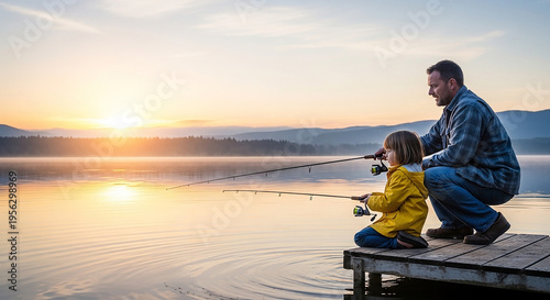 Man and child fishing on dock.