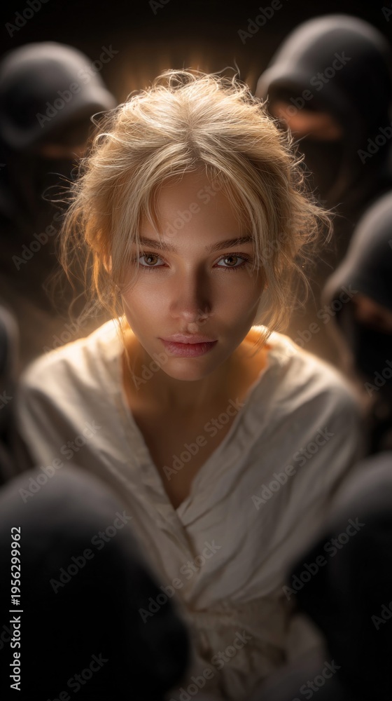 Fototapeta premium Young woman with blonde hair surrounded by shadowy figures in a dramatic, moody scene