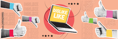 Halftone pop art dot thumbs up thumbs down hand laptop like dislike feedback rating review concept vector illustration