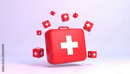 Red First Aid Kit with Medical Cross Symbols Floating Around.