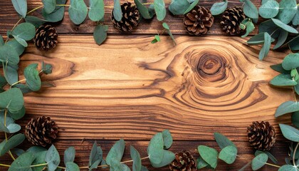 Rustic Wooden Background with Eucalyptus Leaves and Pine Cones Border.