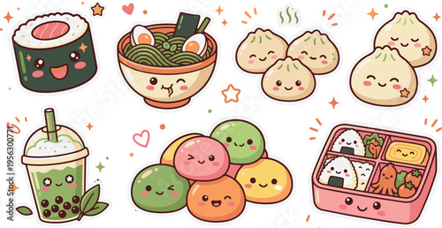 Kawaii Japanese Food Sticker Set, Cute Sushi Ramen Dim Sum and Bento Box Characters
