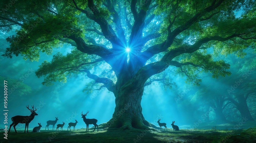 Fototapeta premium Enchanted Forest Gathering: Deer and Rabbits Under the Ancient Tree with Radiant Sunlight