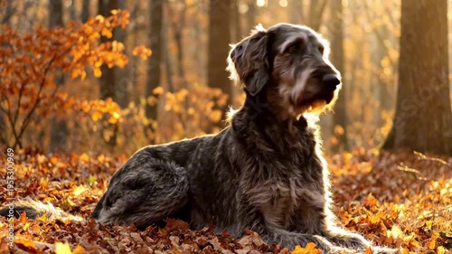 A large wirehaired dog reclines on a bed of amber leaves in a sunlit forest, alert and calm, its wiry coat glowing in warm backlight as tall trunks and soft bokeh frame the tranquil autumn scene