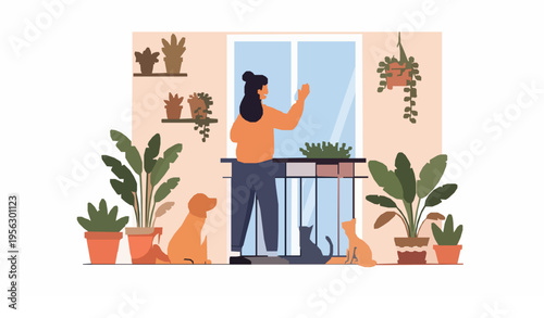 Woman doing house cleaning with pets and plants flat vector illustration