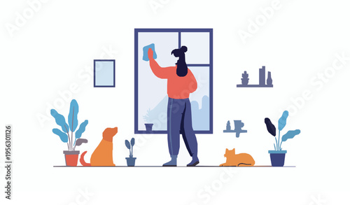 Young woman cleaning window with dog and cat flat vector illustration