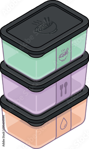 Stack of Pastel Meal Prep Containers with Icons, Colorful Bento Boxes for Food Storage
