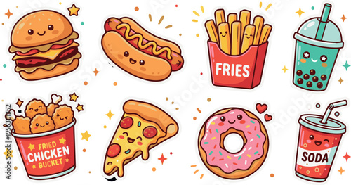 Cute Kawaii Fast Food Sticker Collection, Smiling Junk Food Characters with Hearts and Stars
