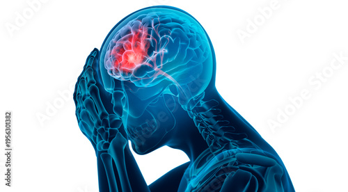 Man with a headache - Brain Stroke - X ray 3D Illustration with white background