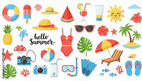 Summer beach sticker set flat vector illustration with swimsuit sunglasses umbrella pineapple popsicle watermelon palm tree camera snorkel fins flip flops and tropical vacation icons