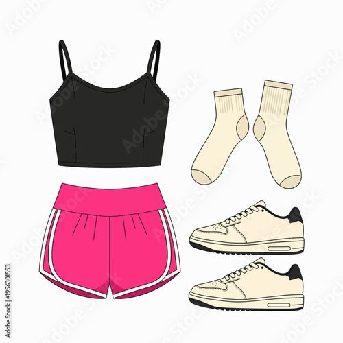 Women sport outfit set flat vector illustration with black crop top pink athletic shorts socks and sneakers isolated on white background