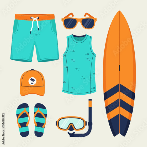 Summer surf outfit set flat vector illustration with board shorts sunglasses tank top cap flip flops snorkel mask and orange surfboard isolated on white background