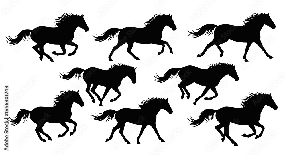 Obraz premium Black horse silhouette set flat vector illustration with running galloping trotting and dynamic motion poses isolated on white background