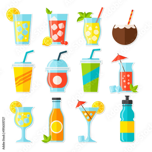 Colorful summer drink sticker set flat vector illustration with juice cocktails soda coconut bottle glasses straws ice cubes and citrus garnish isolated on white background