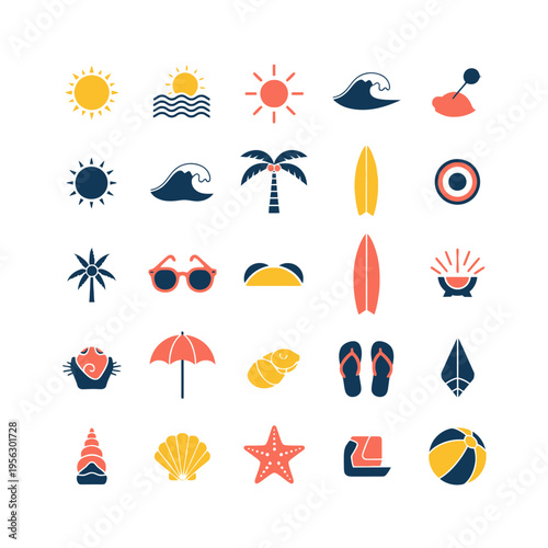 Summer beach icon set flat vector illustration with sun wave palm surfboard sunglasses umbrella shell starfish flip flops and tropical vacation symbols isolated on white