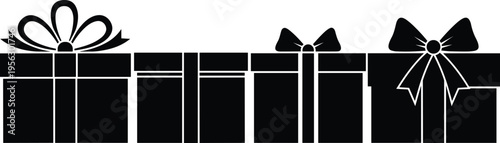 "Black silhouette illustration of four gift boxes with ribbons and bows, representing festive celebration, holiday season, birthday presents, 