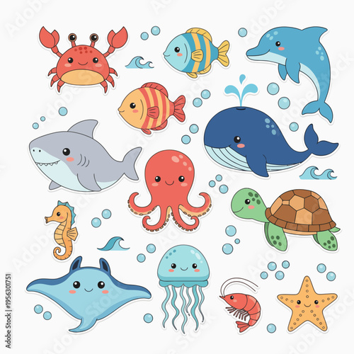 Cute sea animal sticker set flat vector illustration with crab fish dolphin shark whale octopus turtle jellyfish stingray seahorse shrimp and starfish