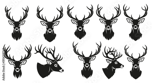 Black deer head silhouette set flat vector illustration with stag antlers front and side view trophy icons isolated on white background