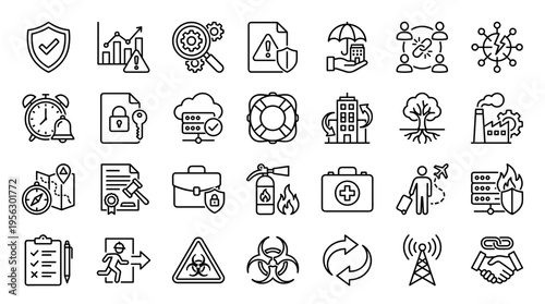 Set of thin line icons for business security management and industrial safety concepts