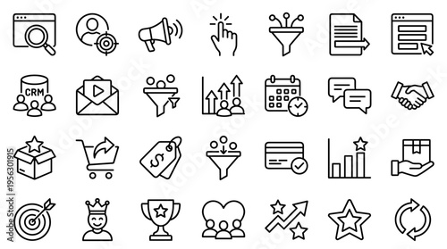 Set of marketing and business management line icons for digital strategy and growth analysis