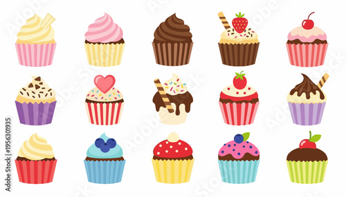 Colorful cupcake set vector illustration with assorted sweet dessert icons, decorated frosting muffins collection isolated on light background