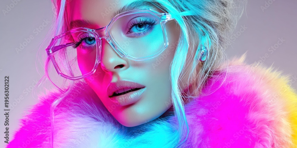 Obraz premium Vibrant neon portrait of a stylish woman with blue eyes and clear glasses wearing a fluffy coat