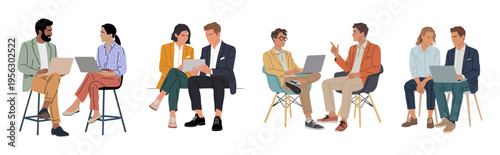 Collaborative professionals engage in focused discussions. Team members use laptops and gesture actively. Warm tones suggest productive, friendly meetings. Illustration style suits business, education