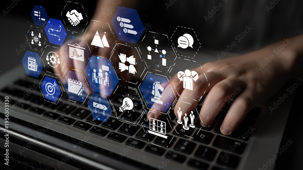 Fototapeta premium Project planning icons showing business management, teamwork, scheduling, strategic planning, project development, organization, and goal setting with modern workflow and process management. Entice