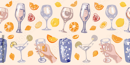 Stylized pattern of cocktails citrus slices and glassware on pastel background