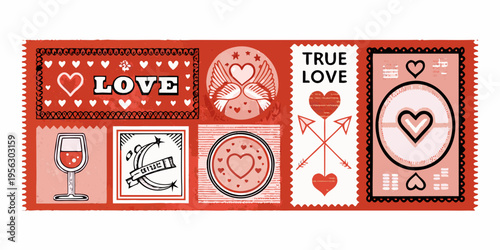 A collection of vintage style love themed postage stamps in red tones