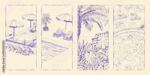 A series of sketched panels depicting a luxurious poolside resort scene