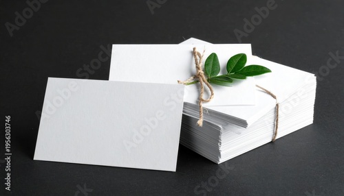 Elegant White Gift Box with Blank Card and Green Leaves.